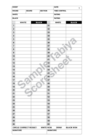 Sample notation page from a Tabiya chess scorebook